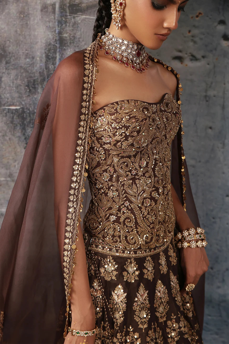 Zar-Rang Brown Corset Lehenga Set
