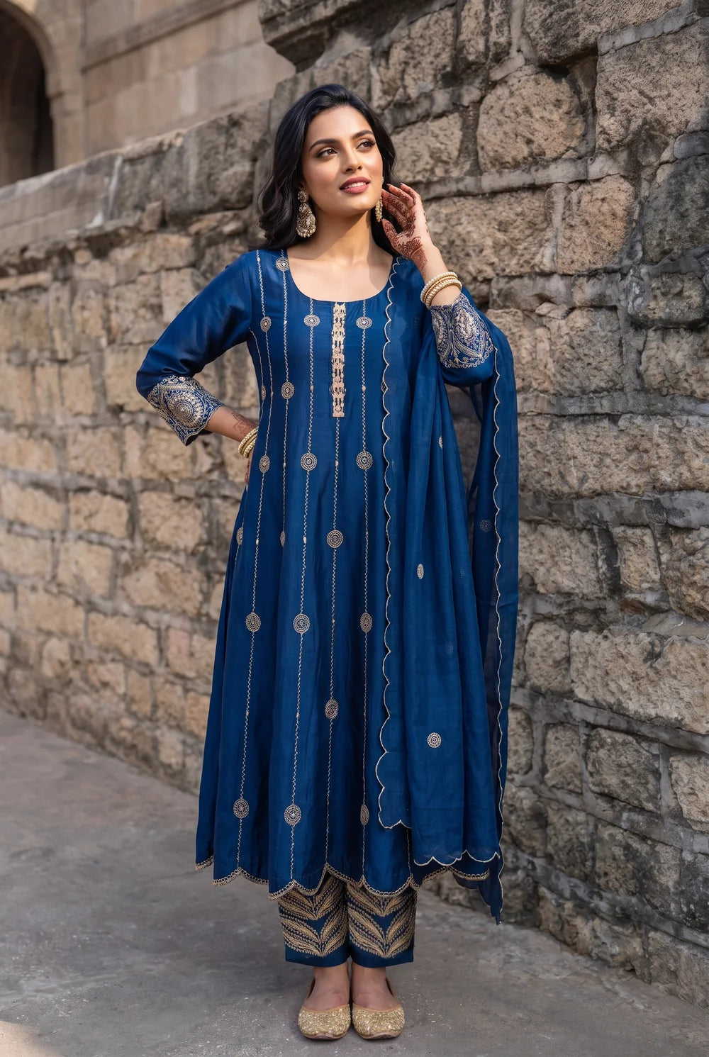 Deewani Silk Chanderi Anarkali Set in Cobalt Blue