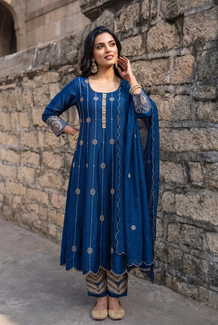 Deewani Silk Chanderi Anarkali Set in Cobalt Blue