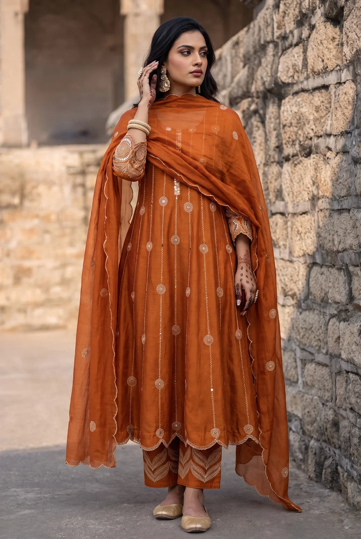 Deewani Silk Chanderi Anarkali Set in Burnt Orange
