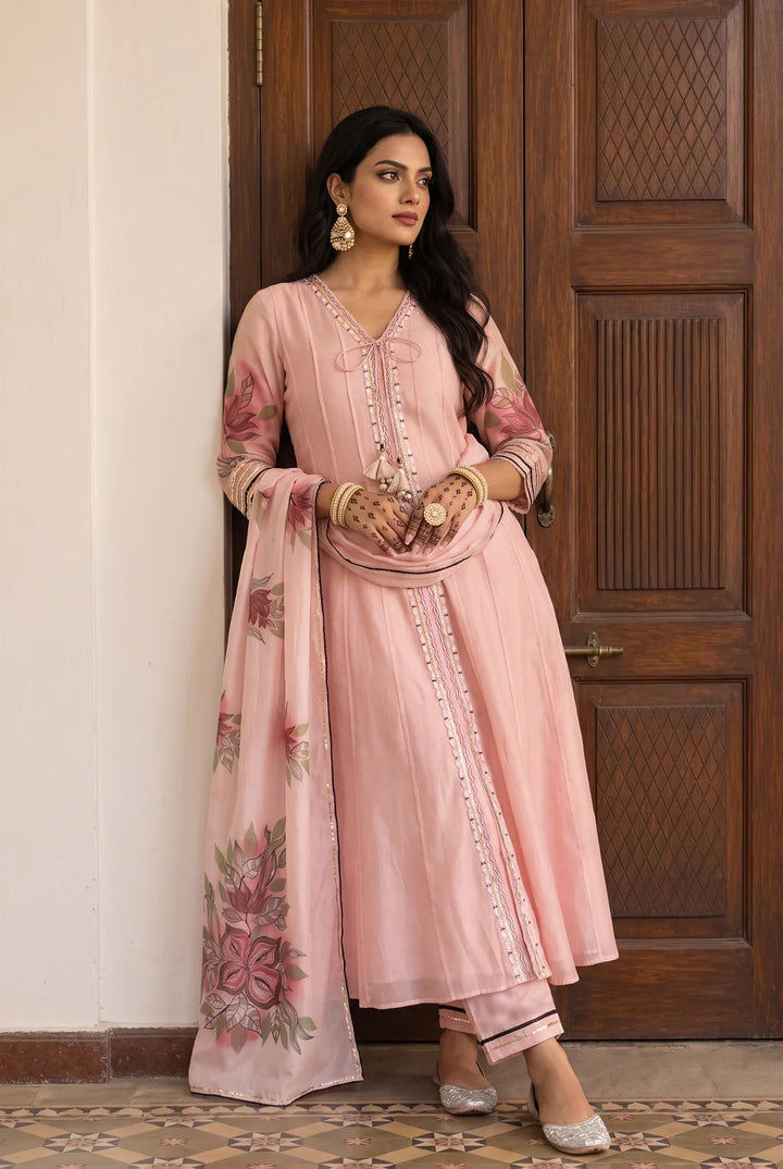 Zoa Mul Chanderi Anarkali Set in Rose Pink