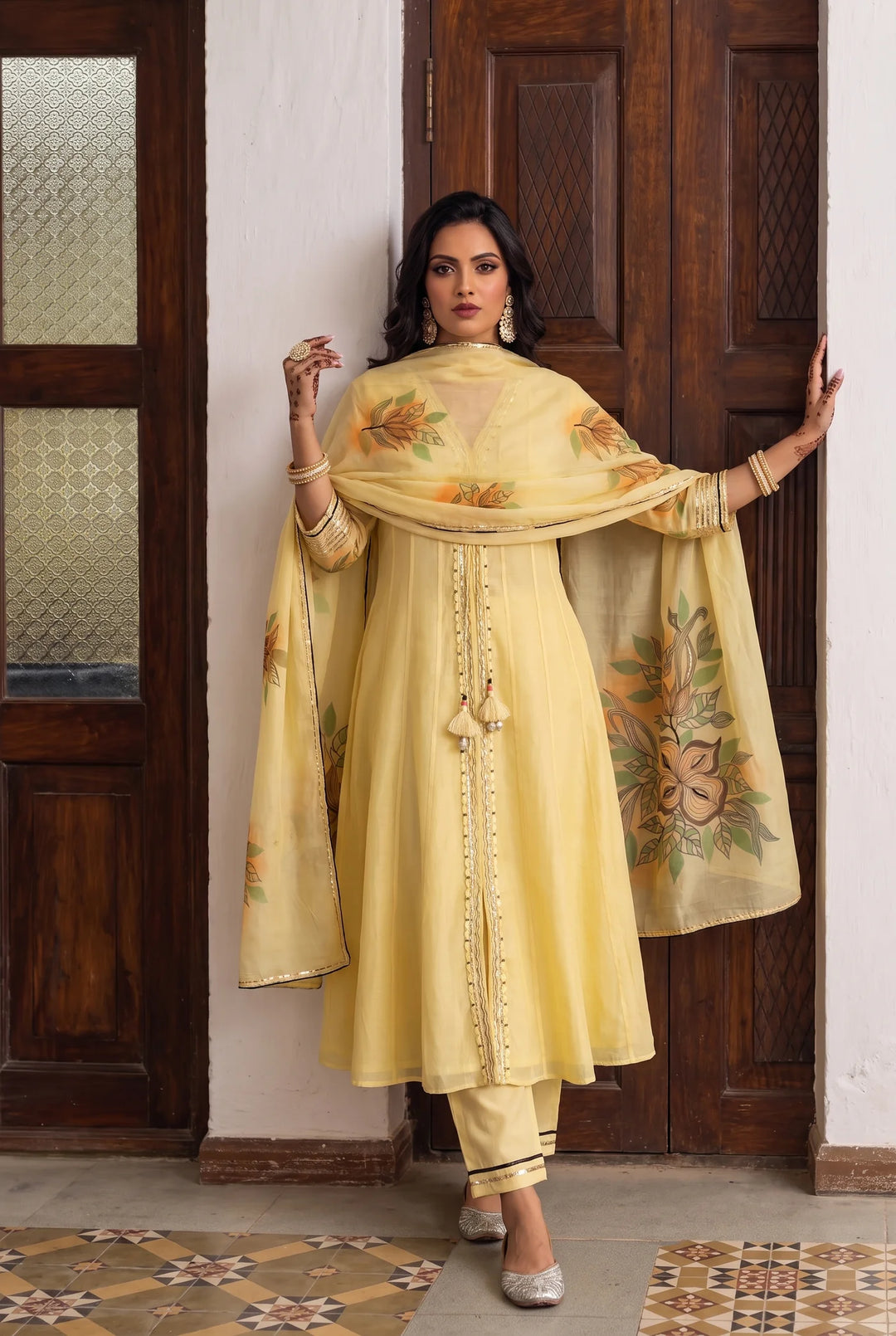Zoa Mul Chanderi Anarkali Set in Cool Yellow