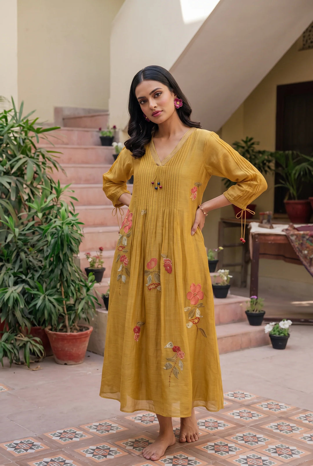 Rumi Mul Chanderi Tunic Set in Mustard Yellow