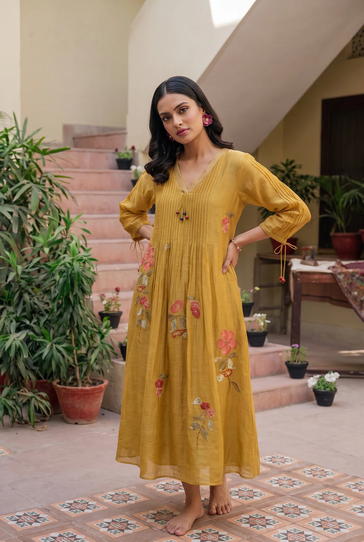 Rumi Mul Chanderi Tunic Set in Mustard Yellow