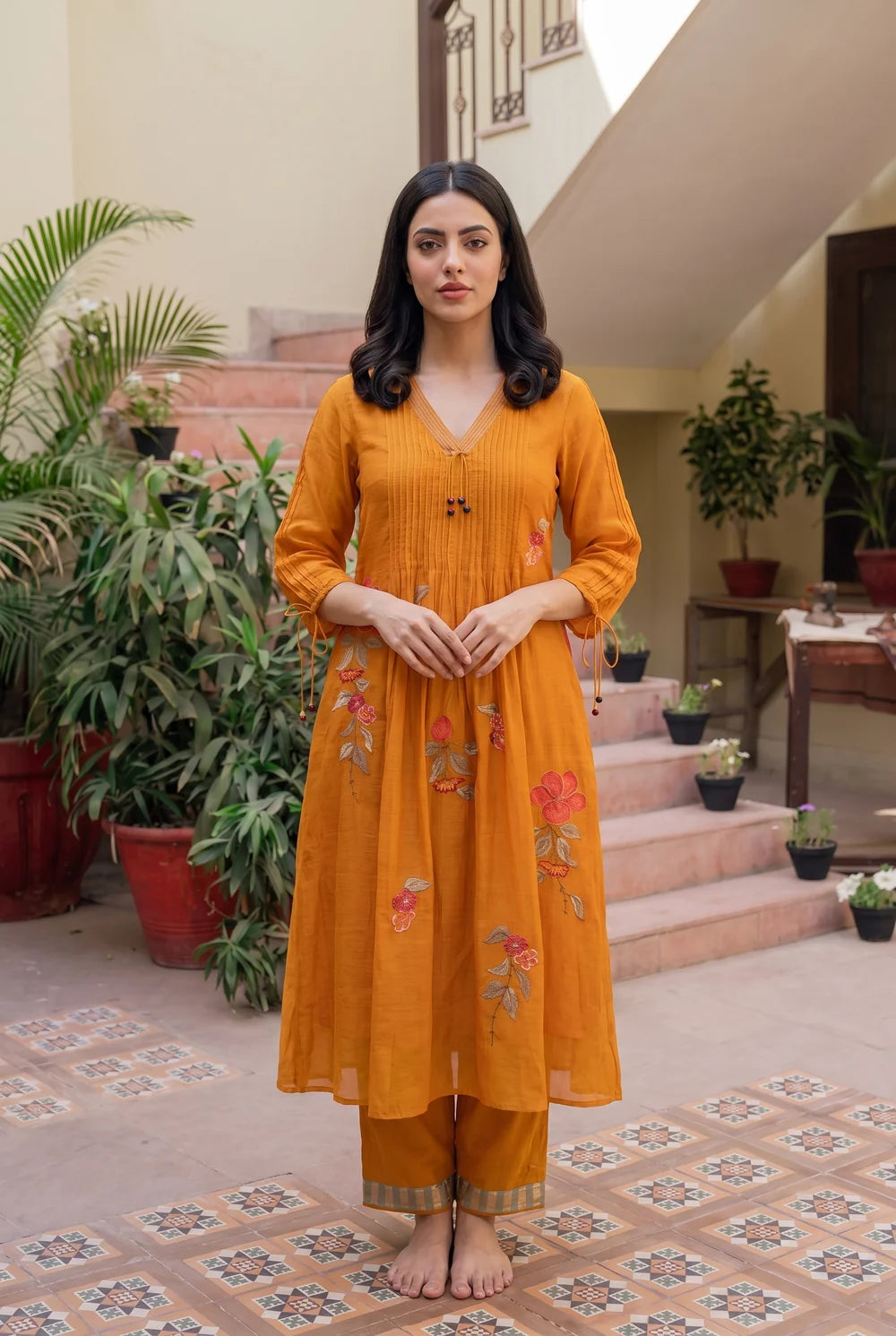 Rumi Mul Chanderi Tunic Set in Sunset Orange