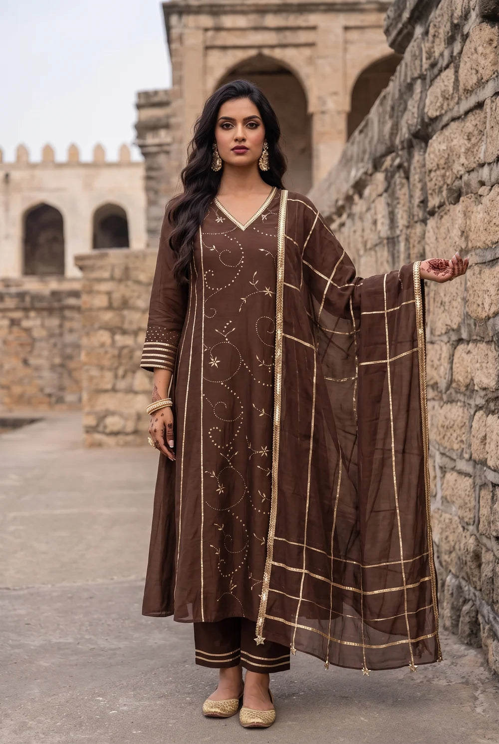 Raha Mul Chanderi Mukaish Anarkali Set in Coffee Brown