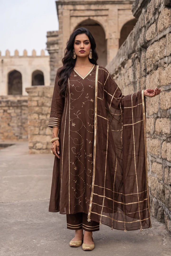 Raha Mul Chanderi Mukaish Anarkali Set in Coffee Brown
