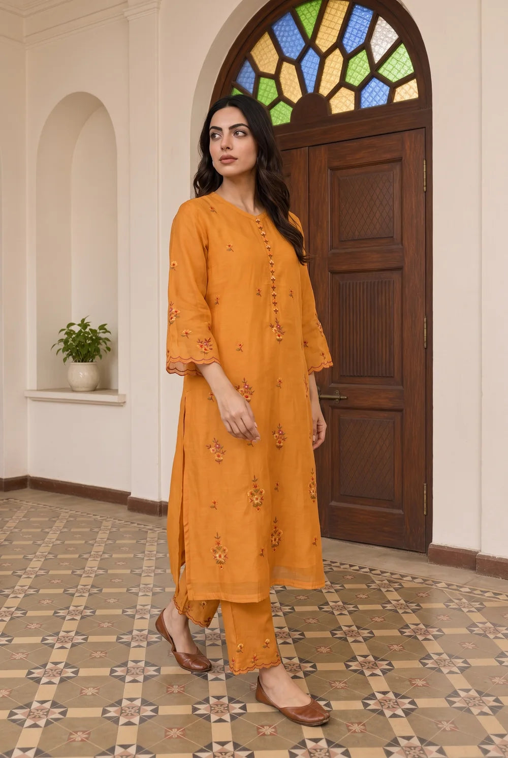 Veya Thread Embroidered Kurta Set in Vintage Orange