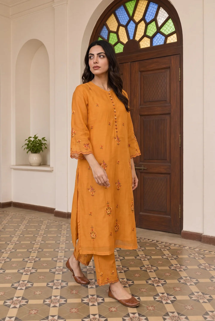 Veya Thread Embroidered Kurta Set in Vintage Orange