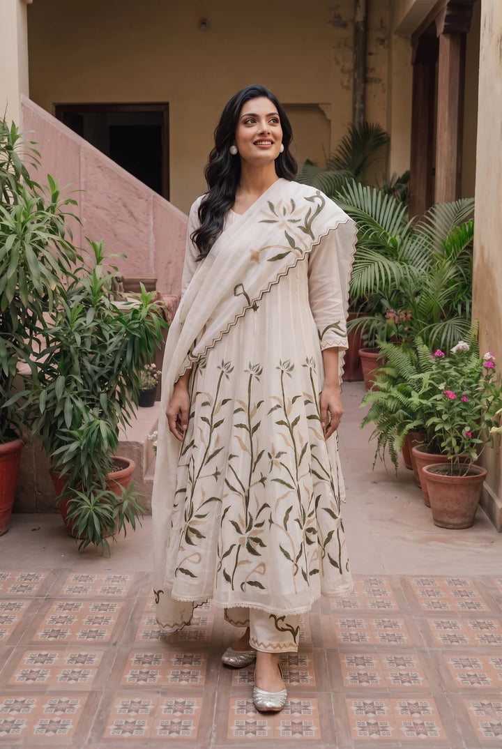 Surkhi Mul Chanderi Anarkali Set in Pearl White