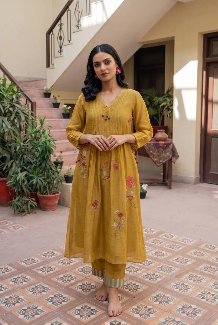 Rumi Mul Chanderi Tunic Set in Mustard Yellow