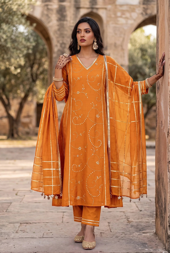 Raha Mul Chanderi Mukaish Anarkali Set in Orange