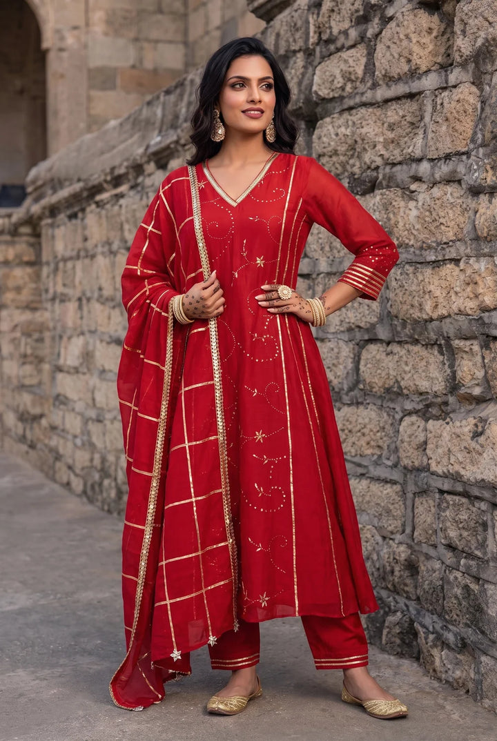 Raha Mul Chanderi Mukaish Anarkali Set in Red