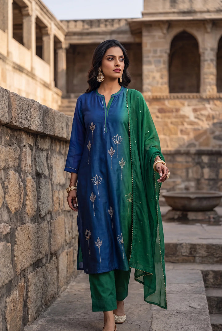Shvi Silk Chadneri Shaded Kurta Set in Blue Green