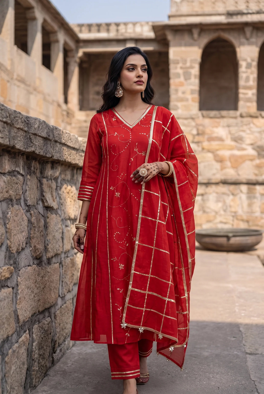 Raha Mul Chanderi Mukaish Anarkali Set in Red