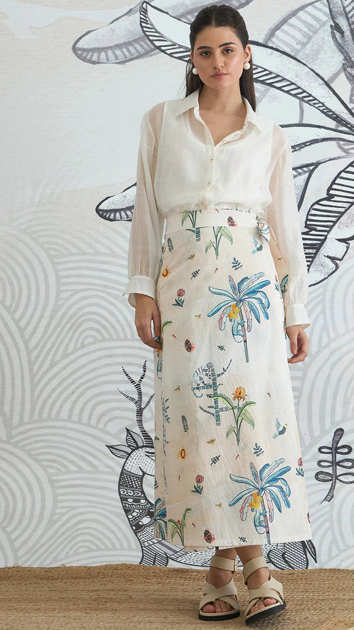 White Shirt With Jungle Wrap Skirt
