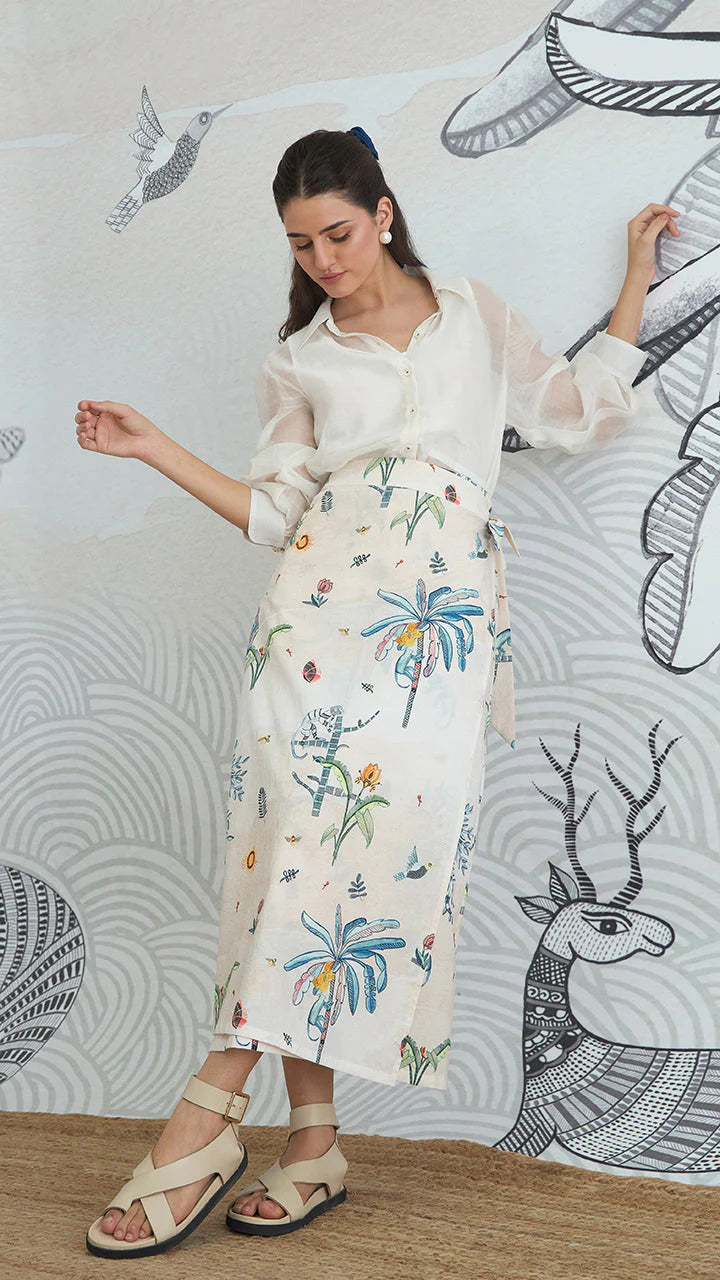 White Shirt With Jungle Wrap Skirt