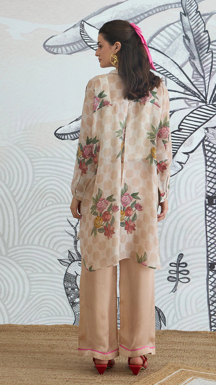 Beige Check Flower Kimono Tunic With Plain Pants