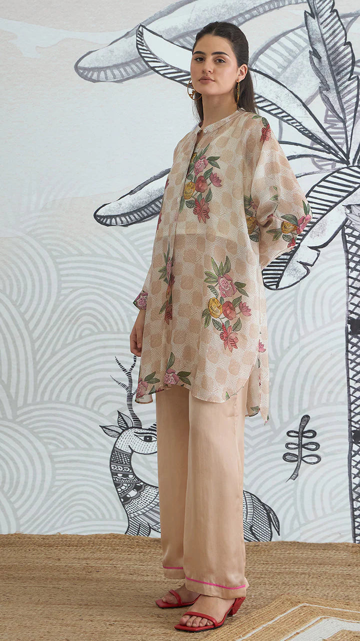 Beige Check Flower Kimono Tunic With Plain Pants