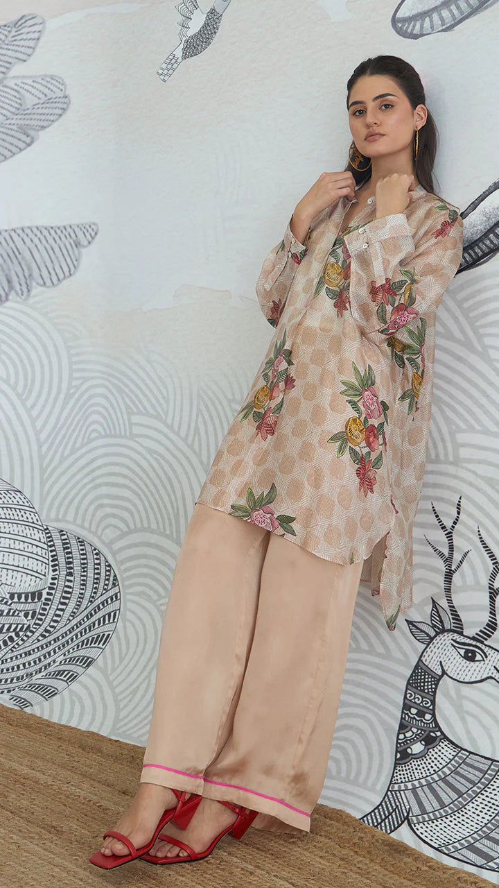 Beige Check Flower Kimono Tunic With Plain Pants