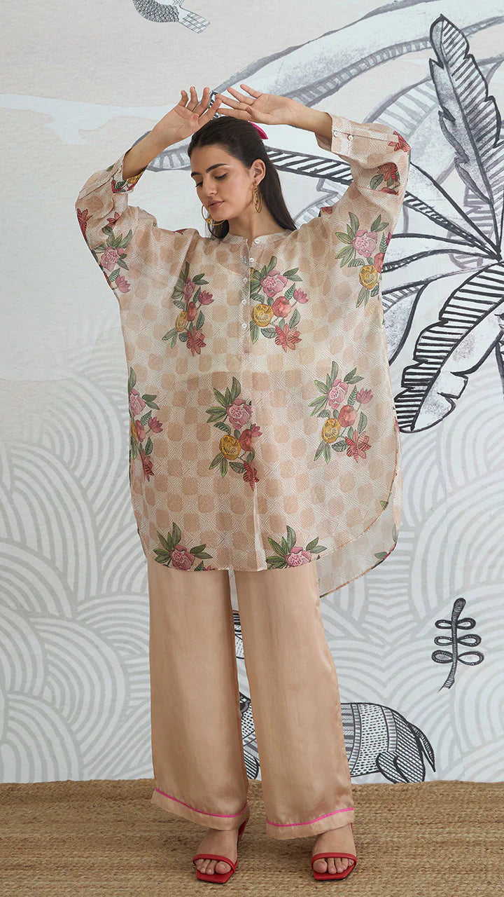 Beige Check Flower Kimono Tunic With Plain Pants