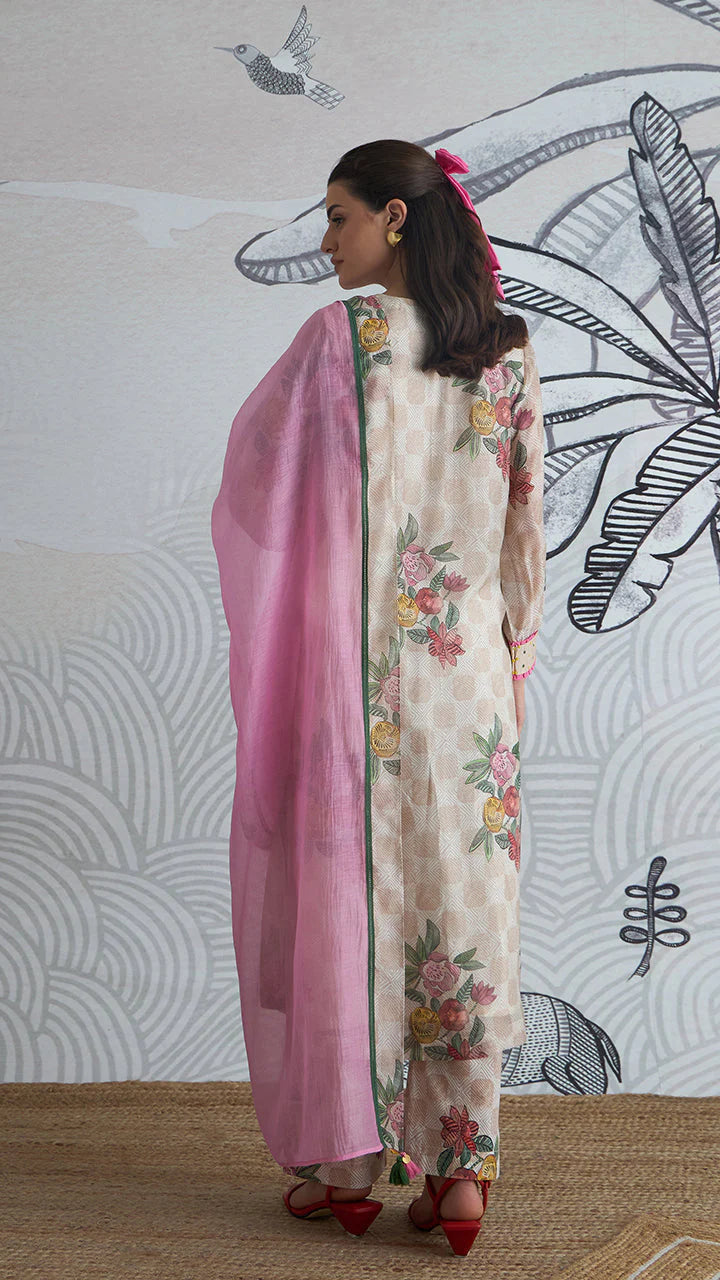 Beige Check Flower V-neck Kurta Set