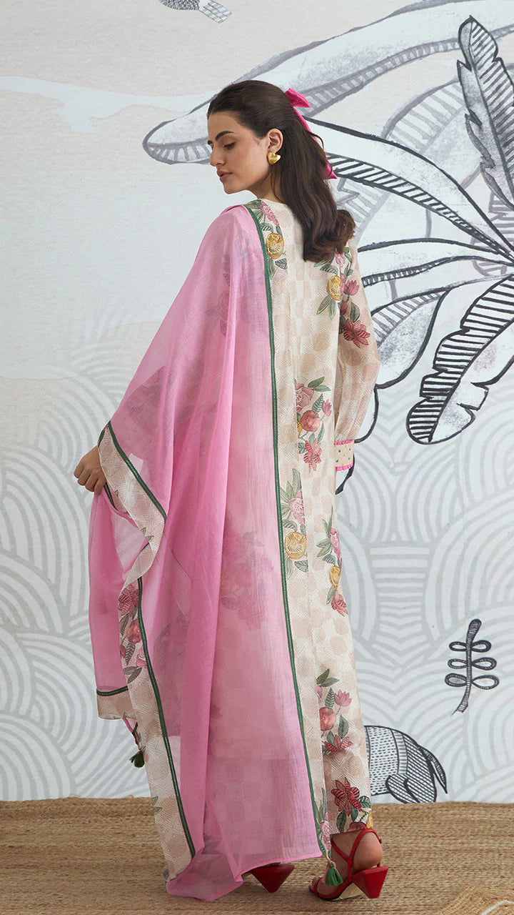 Beige Check Flower V-neck Kurta Set