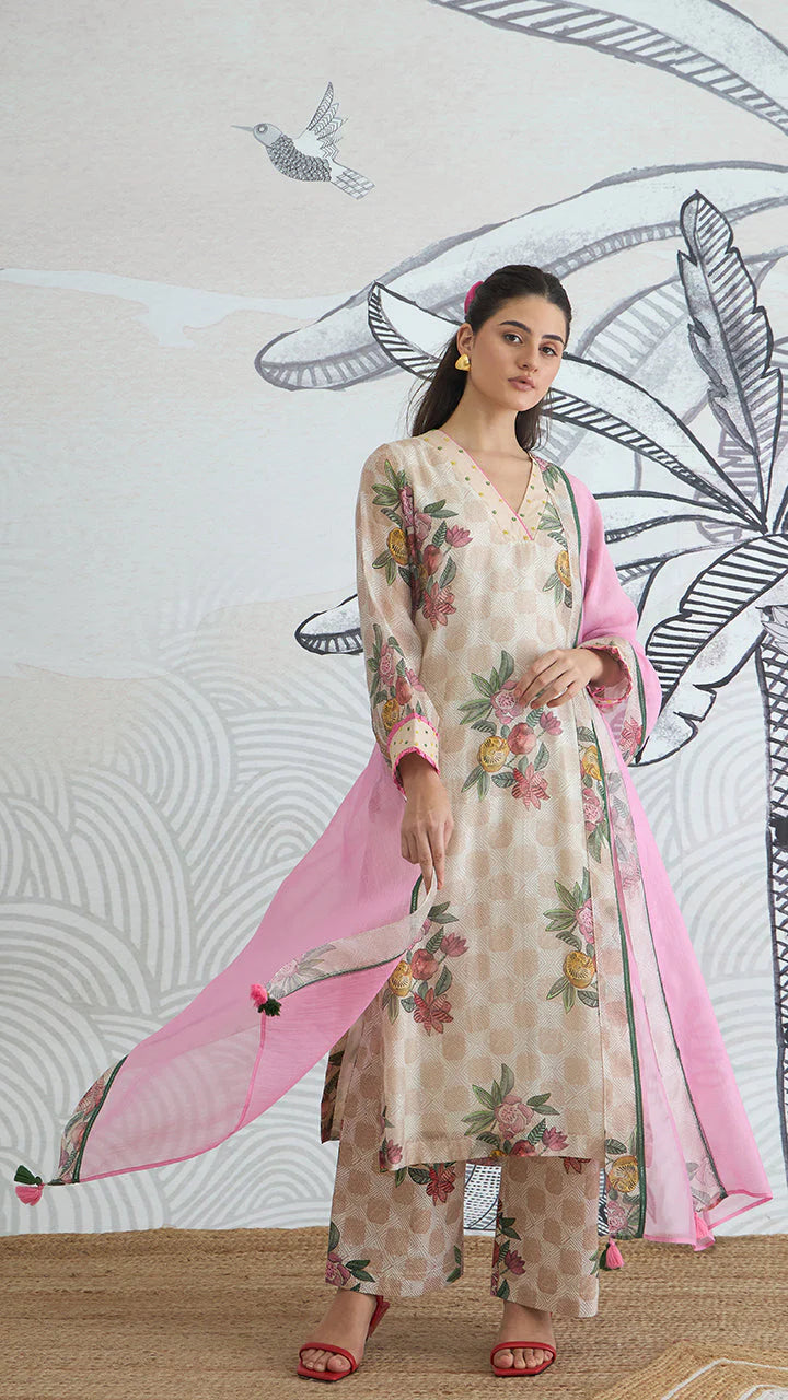 Beige Check Flower V-neck Kurta Set