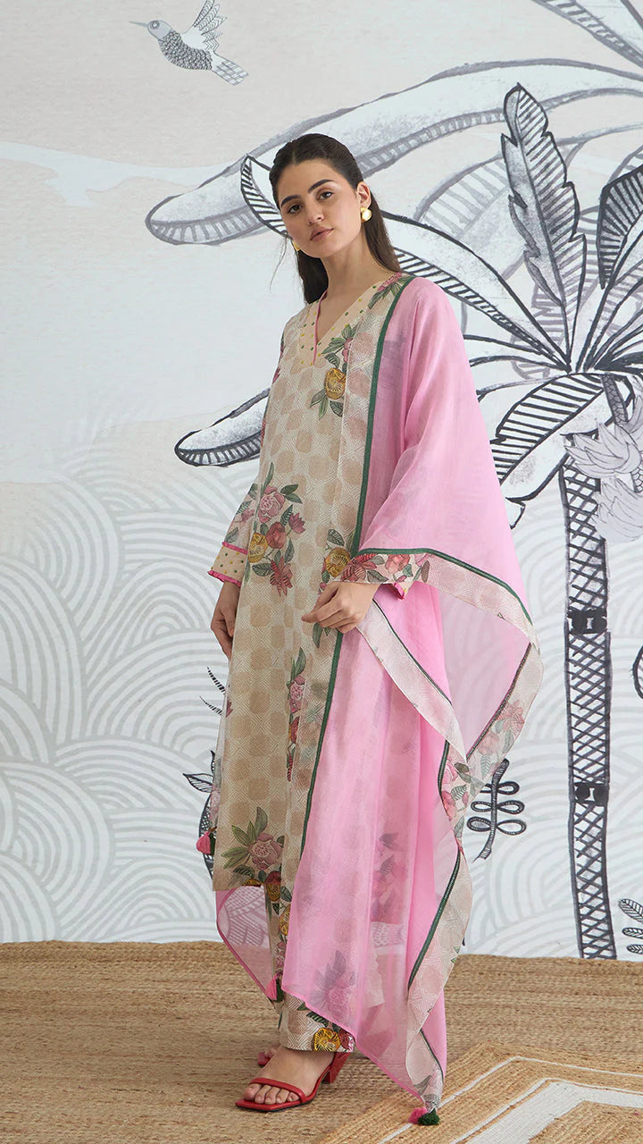 Beige Check Flower V-neck Kurta Set