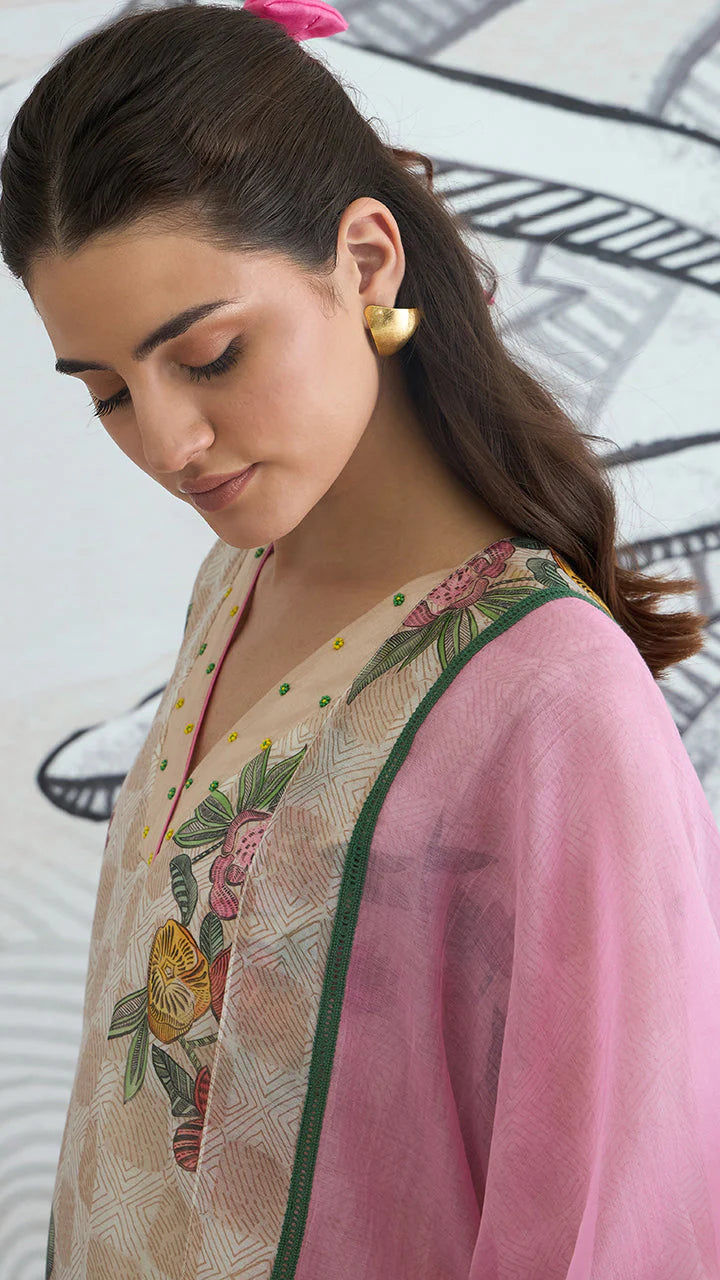 Beige Check Flower V-neck Kurta Set