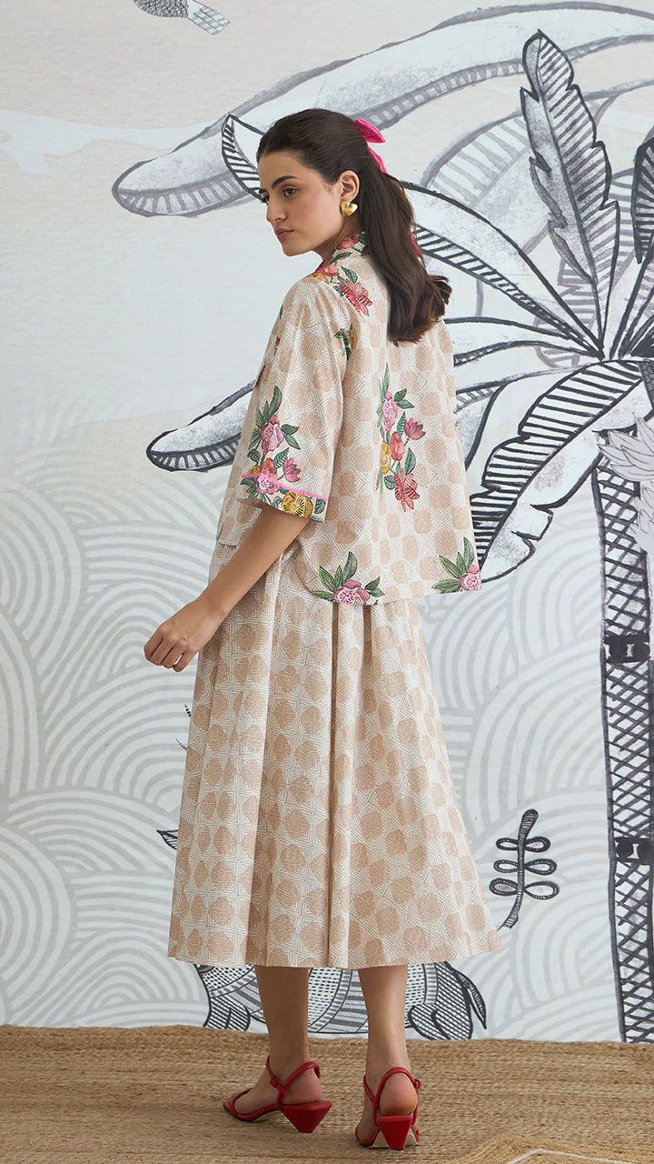Beige Check Flower Crop Shirt With Beige Check Skirt