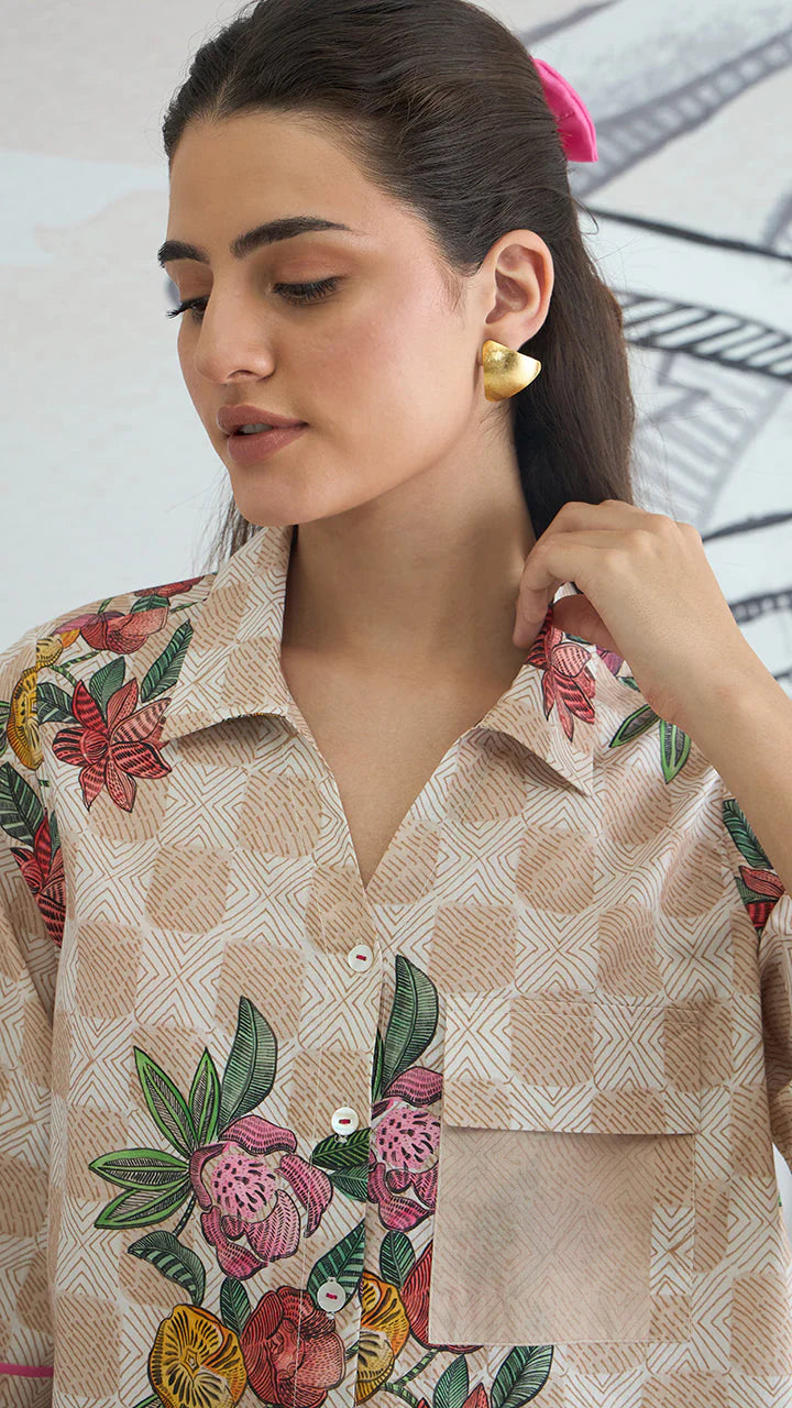 Beige Check Flower Crop Shirt With Beige Check Skirt