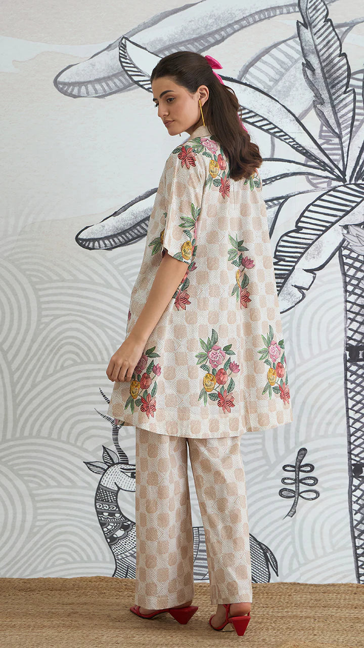 Beige Check Flower Box Pleat Dress With Pants