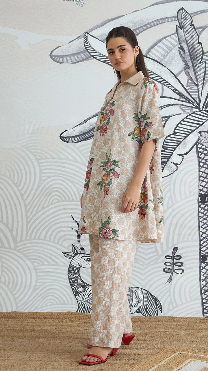 Beige Check Flower Box Pleat Dress With Pants