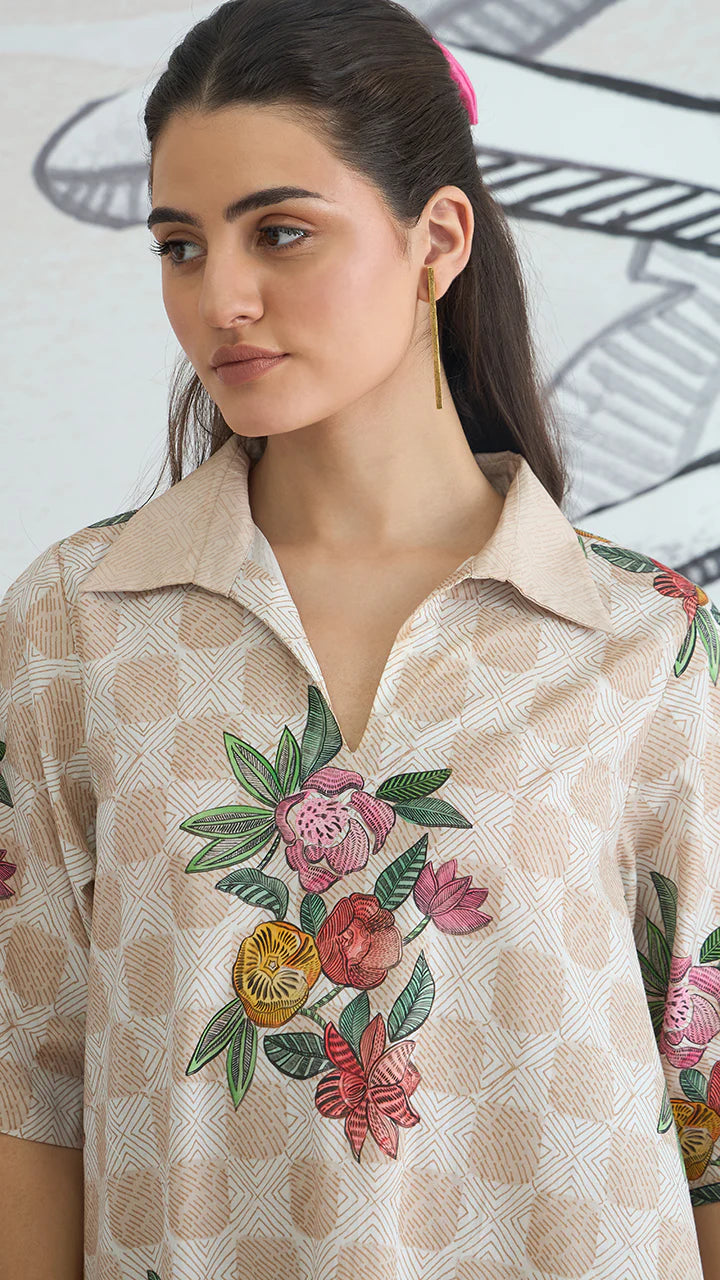Beige Check Flower Box Pleat Dress With Pants