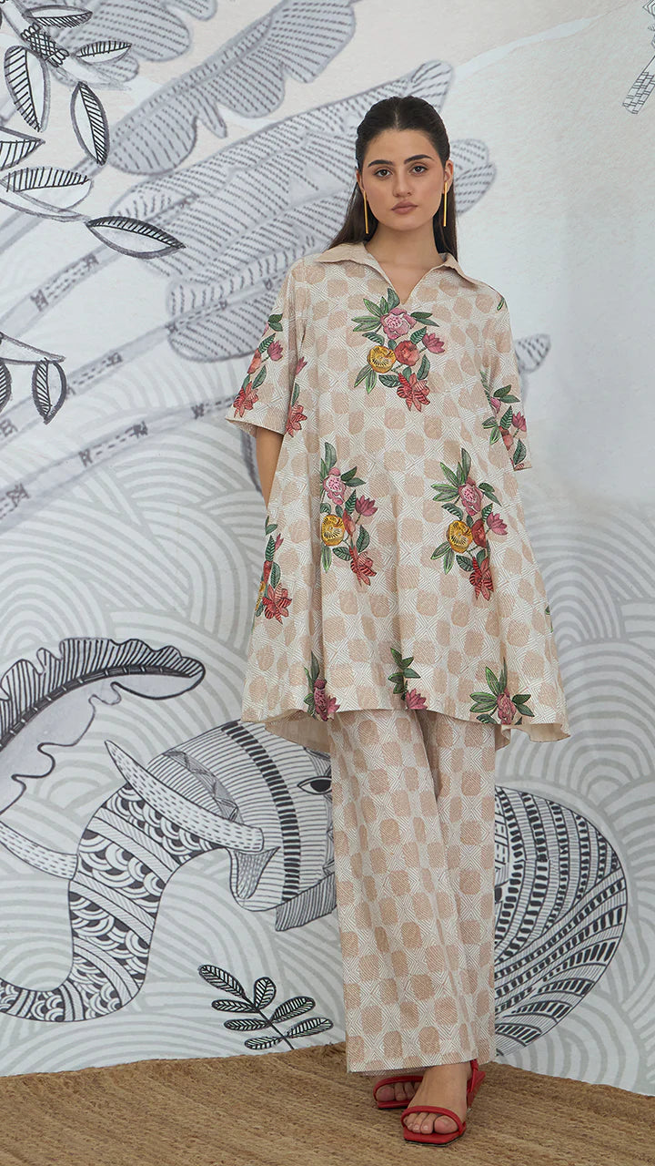 Beige Check Flower Box Pleat Dress With Pants