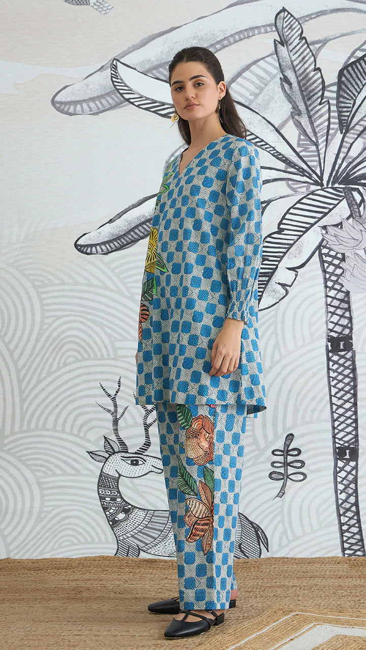 Blue Check Flower Co-ord Set