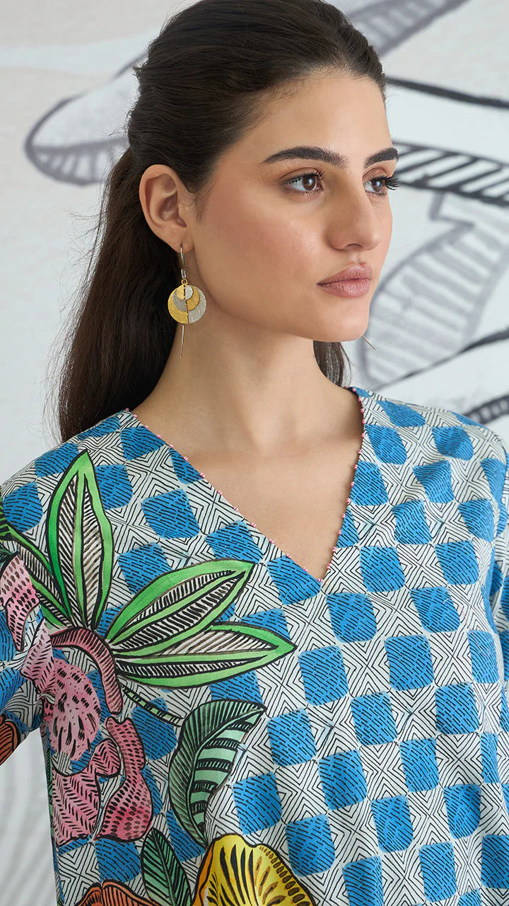 Blue Check Flower Co-ord Set