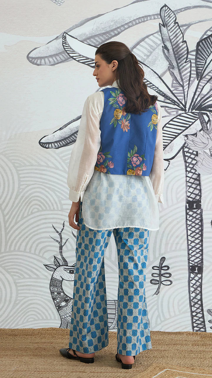 Blue Flower Waistcoat Jacket With White Shirt and Blue Check Pants