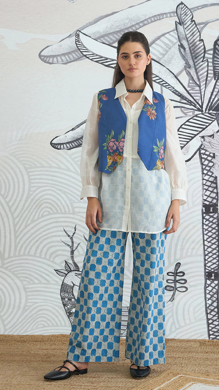 Blue Flower Waistcoat Jacket With White Shirt and Blue Check Pants