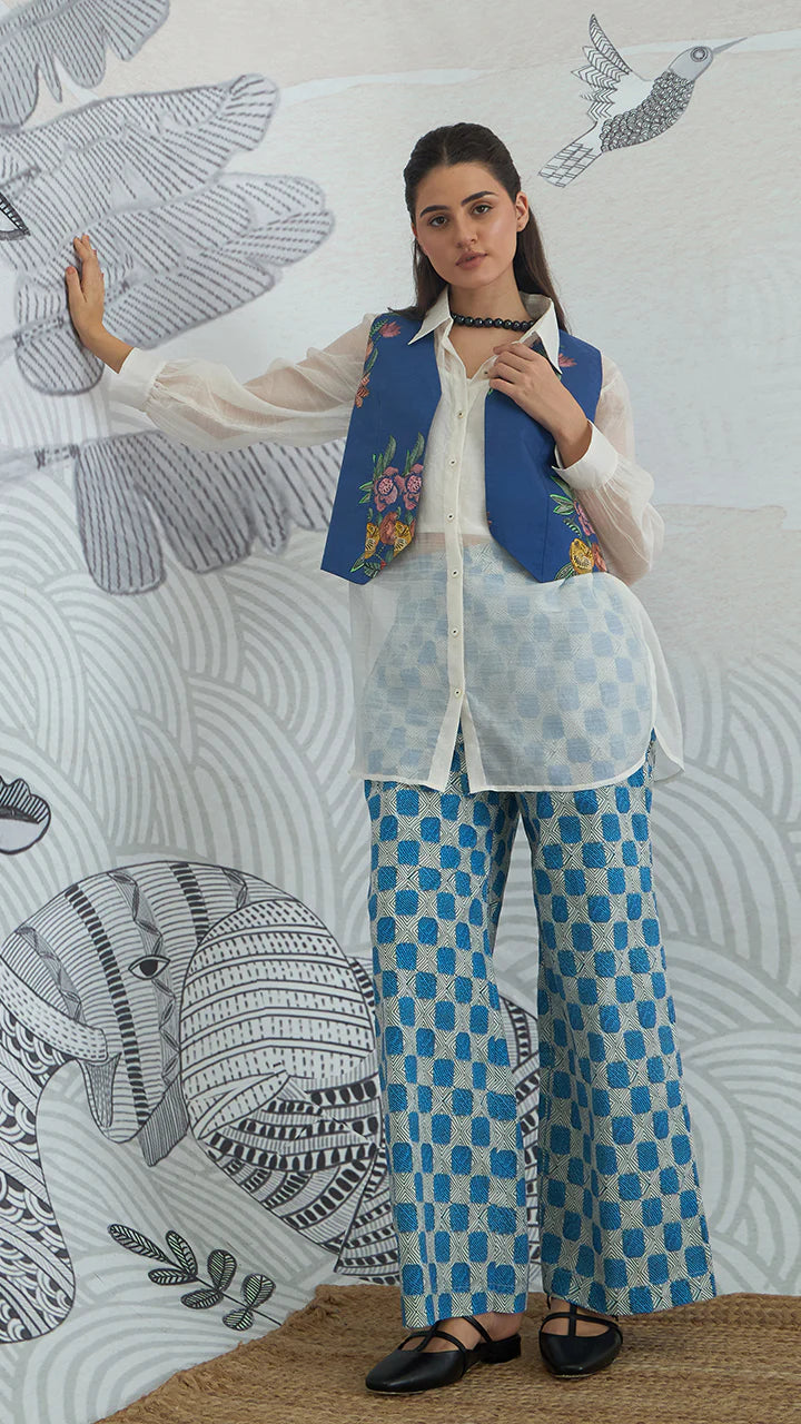 Blue Flower Waistcoat Jacket With White Shirt and Blue Check Pants