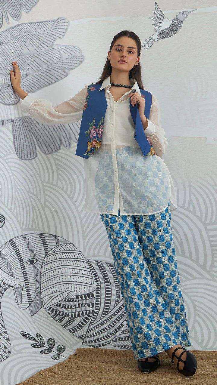Blue Flower Waistcoat Jacket With White Shirt and Blue Check Pants