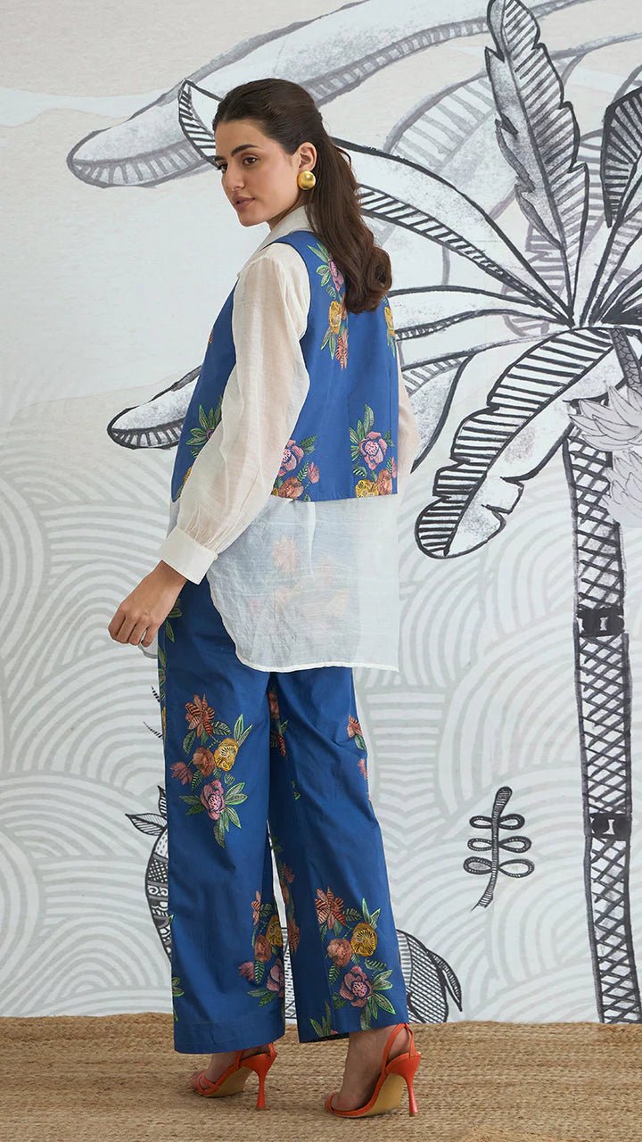 Blue Flower Waistcoat Jacket With White Shirt and Blue Flower Pants