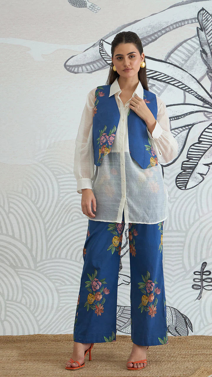Blue Flower Waistcoat Jacket With White Shirt and Blue Flower Pants