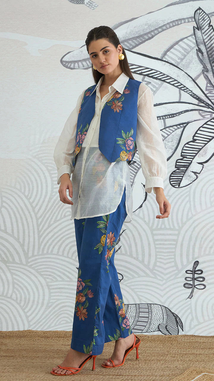 Blue Flower Waistcoat Jacket With White Shirt and Blue Flower Pants