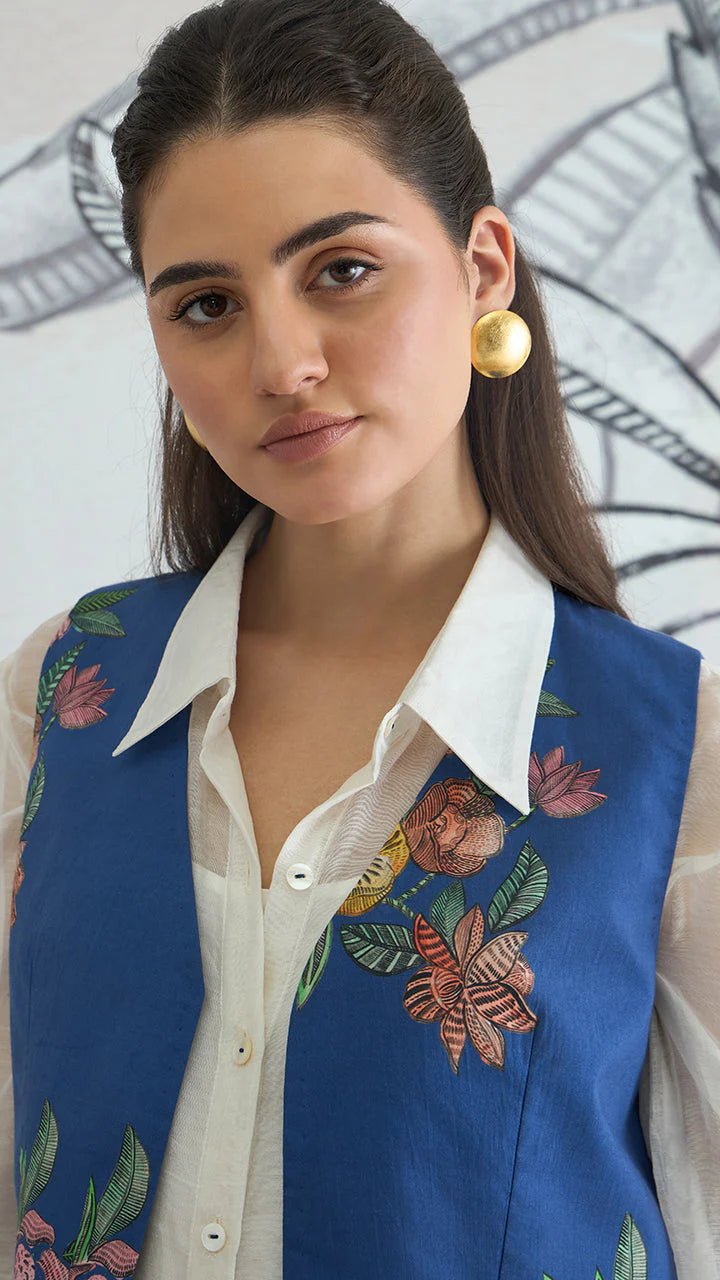 Blue Flower Waistcoat Jacket With White Shirt and Blue Flower Pants