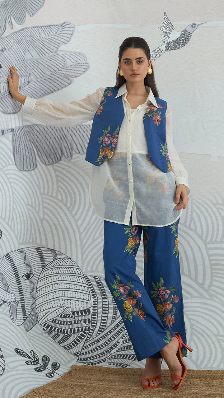 Blue Flower Waistcoat Jacket With White Shirt and Blue Flower Pants