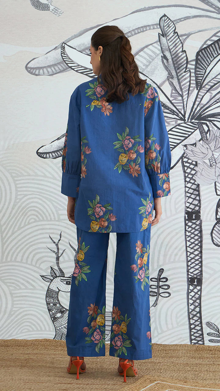 Blue Flower Big Collar Shirt With Blue Flower Pants