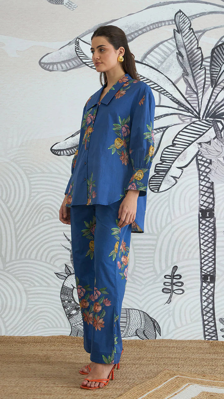 Blue Flower Big Collar Shirt With Blue Flower Pants