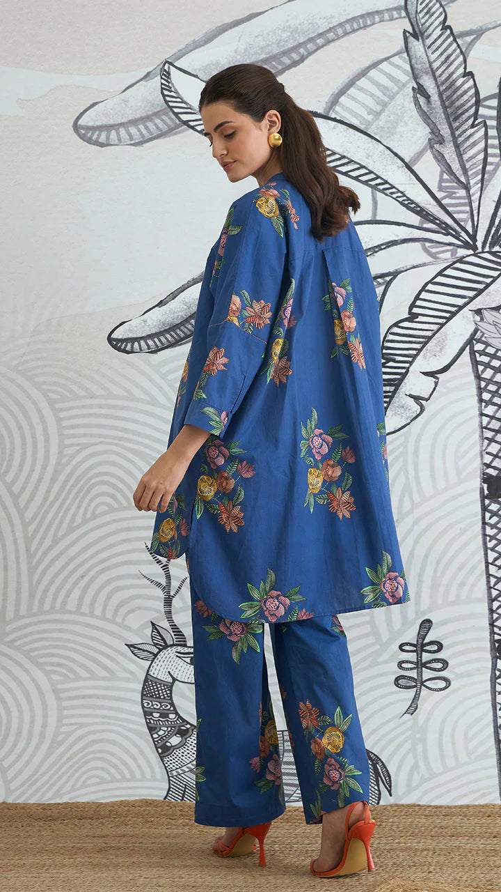 Blue Flower Kimono Tunic With Blue Flower Pants